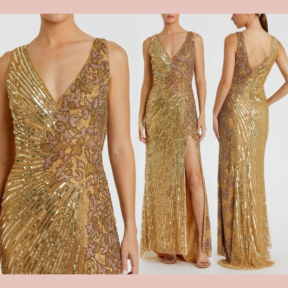 NWT $598 Mac Duggal [ 14 ] 5473 V Neck Beaded Floral Sleeveless Gown Gold #Q1000 - Picture 1 of 16